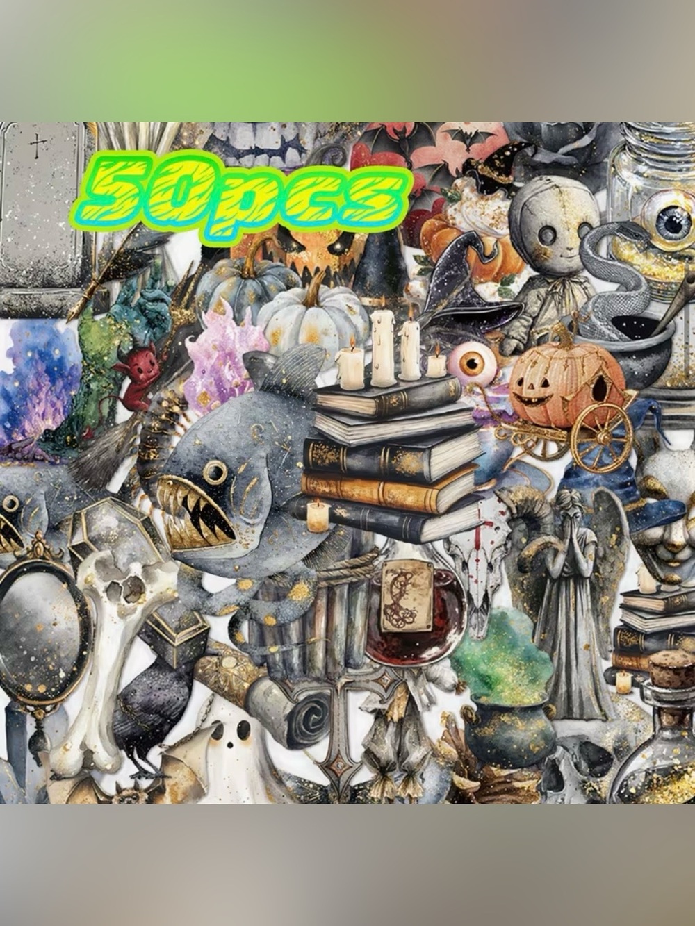 50 Halloween Creepy Stickers Multicolor Gothic Icons Ghost Snake Eyeballs Bones